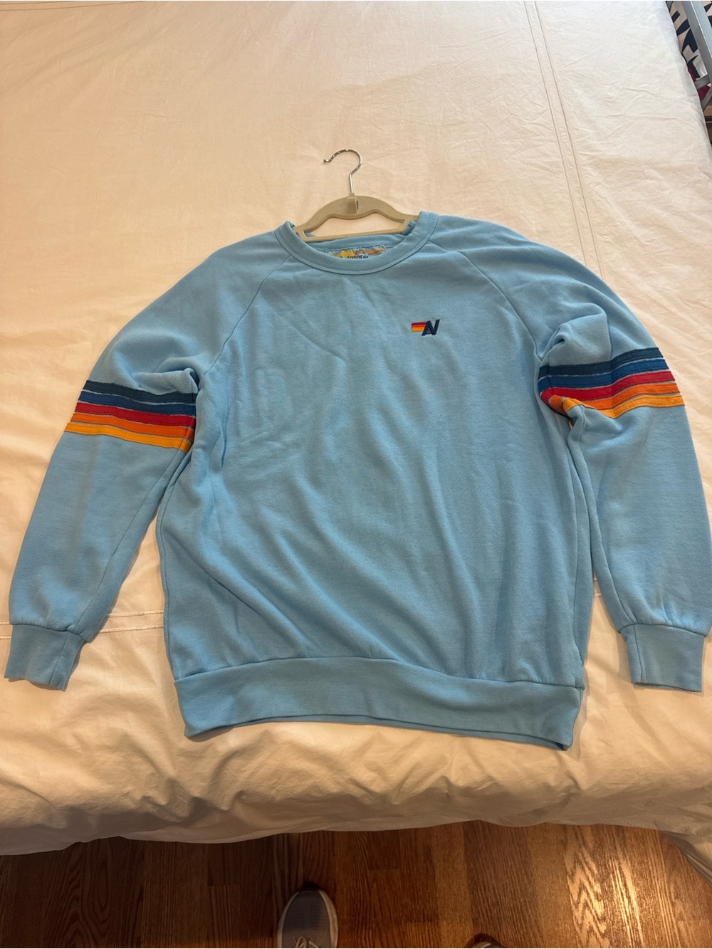 Aviator Nation Sky Blue Crewneck with Rainbow Sleeve Stripes